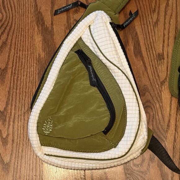 Free People Movement Cold Shoulder Sling Bag Olive Green Ivory Pockets NWOT - Picture 2 of 15